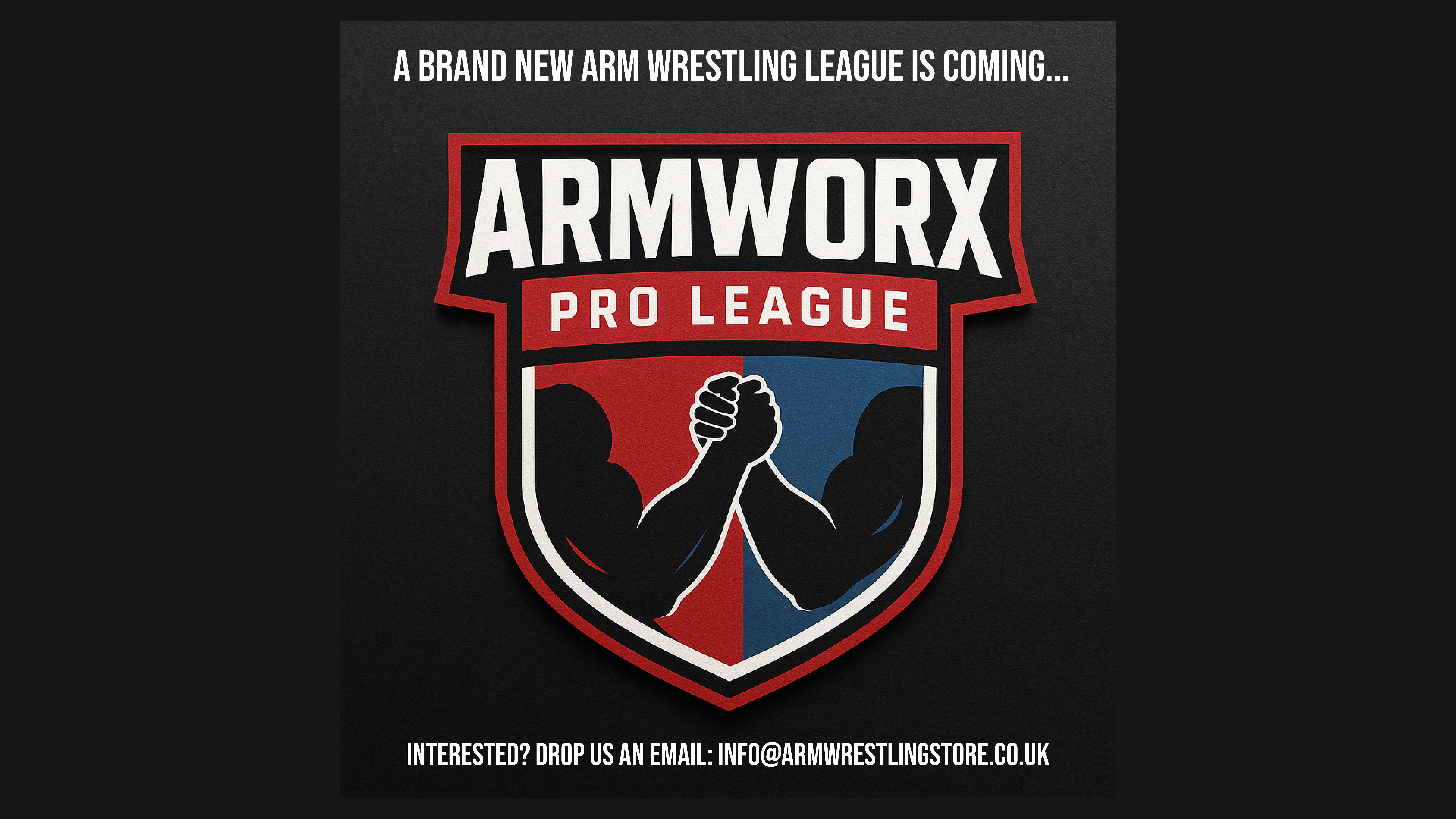 ARMWORX PRO LEAGUE logo, a shield with an arm wrestle, half red, half blue.